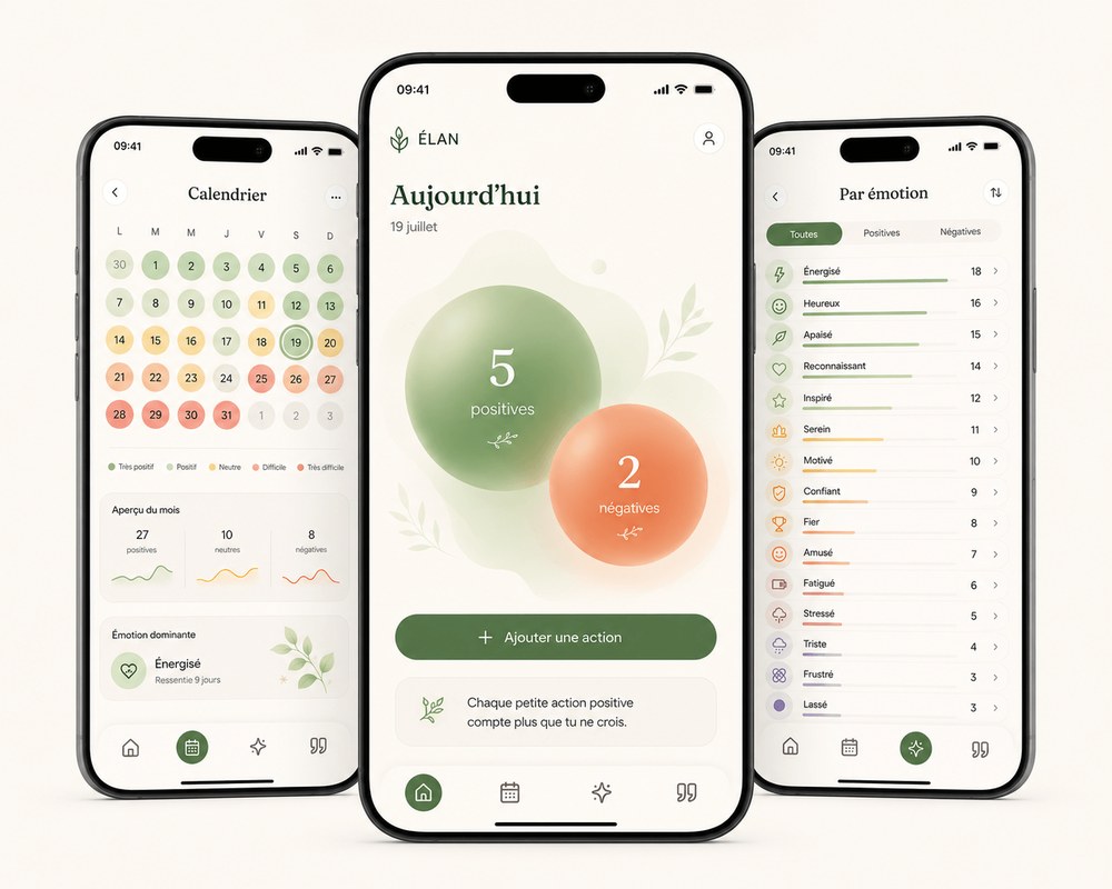 Aperçu de l'application Élan — accueil, calendrier et suivi des émotions